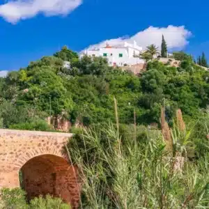 The bridge over the river in the village.