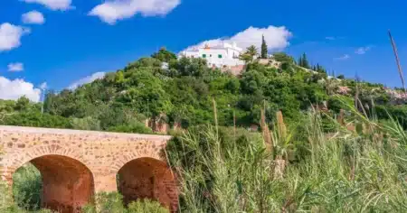 The bridge over the river in the village.